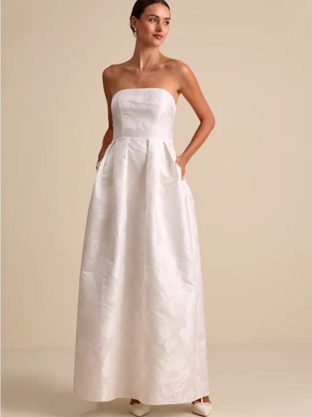 Strapless White Floral Jacquard Maxi Dress Never Worn